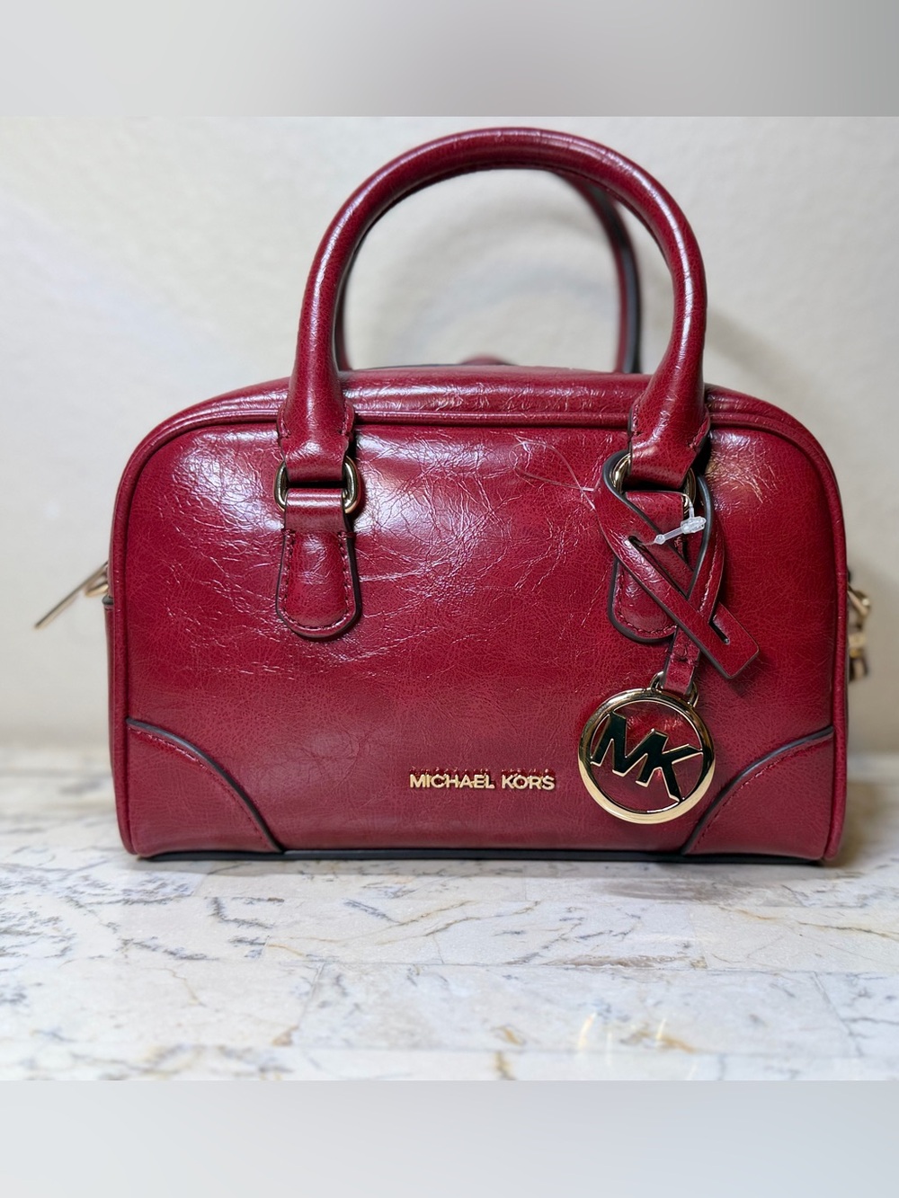 Michael Kors Burgundy Leather Satchel with Gold Logo Charm